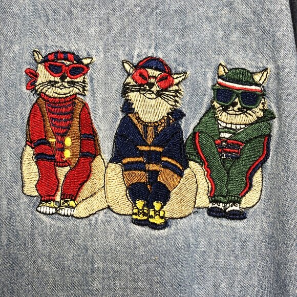 90's Denim Holiday Shirt – Embroidered Cats w/ Sweaters Button-Up Sz 24 VTG - Picture 4 of 15